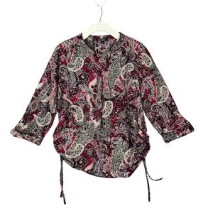 Roz & Ali Paisley Floral Drawstring 3/4 Sleeve Button‎ Neck Top Boho Womens L